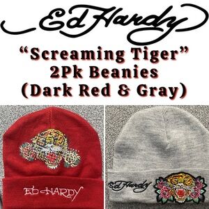 ✨Ed Hardy - “Screaming Tiger” 2Pk Beanies - (Dark Red & Gray) ✨